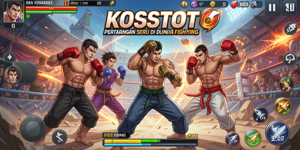 Screenshot gameplay KOSTOTO menampilkan pertarungan mendebarkan dengan karakter unik.